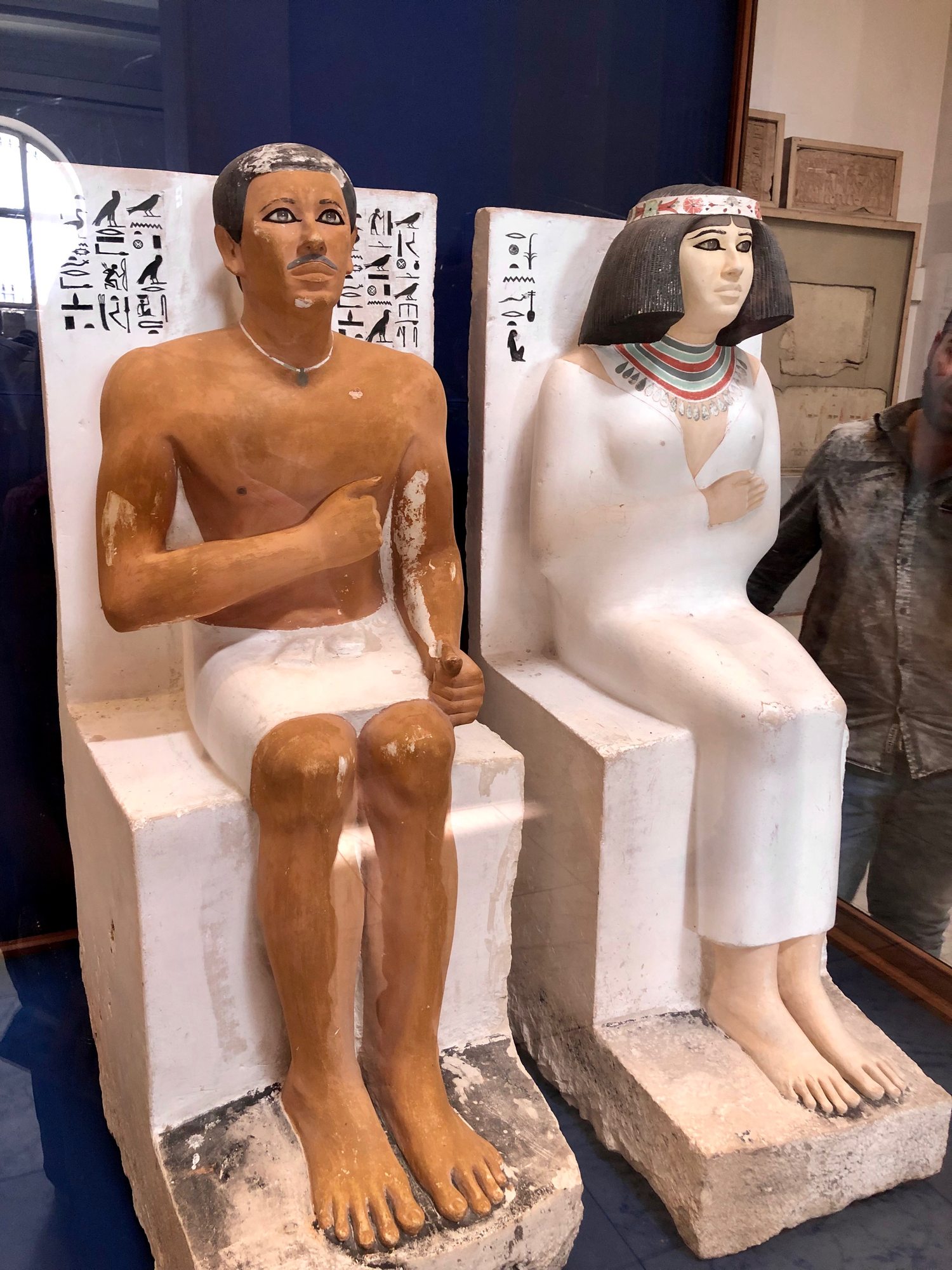Statues of Rahotep and Nofret displayed in the Egyptian Museum in Cairo